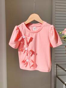 SHEIN Baby Girls Cute Pink Bowknot Short Sleeve Blouse For Summer - Pink - View 6