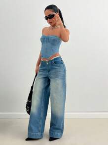 EURMUSE WOMEN WIDE LEG LOW WAIST JEANS BELT DETAIL - Light Wash - View 4