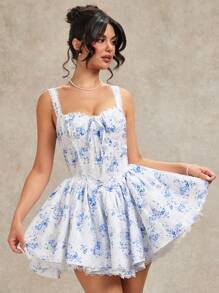 SHEIN BAE 夏季简约优雅纯蓝色碎花修身拉链甜美褶皱女士连衣裙，情人节连衣裙，节日连衣裙，白色连衣裙，婚礼伴娘礼服，生日礼服，返校季毕业季连衣裙 - 彩色 - 查看 4