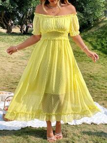 Flirla Plus Size Ladies Elegant Jacquard Off Shoulder Ruffled Long Dress - Yellow - View 5