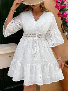 SHEIN VCAY Plus Size Romantic Island V-Neck White Embroidered Fabric Waist Splice Lace Trim A-Line Short Dress Spring Outfits For Women,Summer Outfits For Women,Beach Outfits For Woman,Brunch Outfits For Women, Airport Outfit For Women,Sundress,Vacation Dress,Graduation Dress