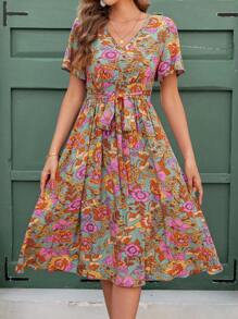 Ellevyn Vacation Outfits Woman,Boho Dress,Summer Elegant Women's Flower Print V-Neck Waist Cinched A-Line Short Sleeved Dress, Suitable For Various Occasions, Summer Vacation, Elegant Travel, Daily Commuting Can All Be Worn - Multicolor - View 6