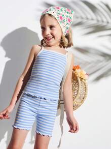 SHEIN Leap Crew Jeunes filles Hauts de débardeur côtelés bleus en tissu côtelé et shorts skinny à taille élastique, ensemble décontracté et confortable - Bleu azur - Voir 4