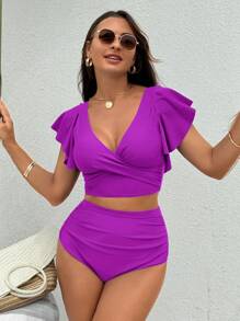 Swim Vcay 女士纯色比基尼套装，适合海滩度假 - 紫色 - 查看 5