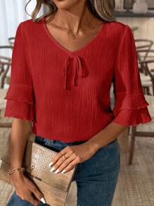 SHEIN LUNE Áo cánh vải lanh cổ chữ V tay ngắn xếp nếp cho nữ mặc trong dịp năm mới - Đỏ - Xem 6