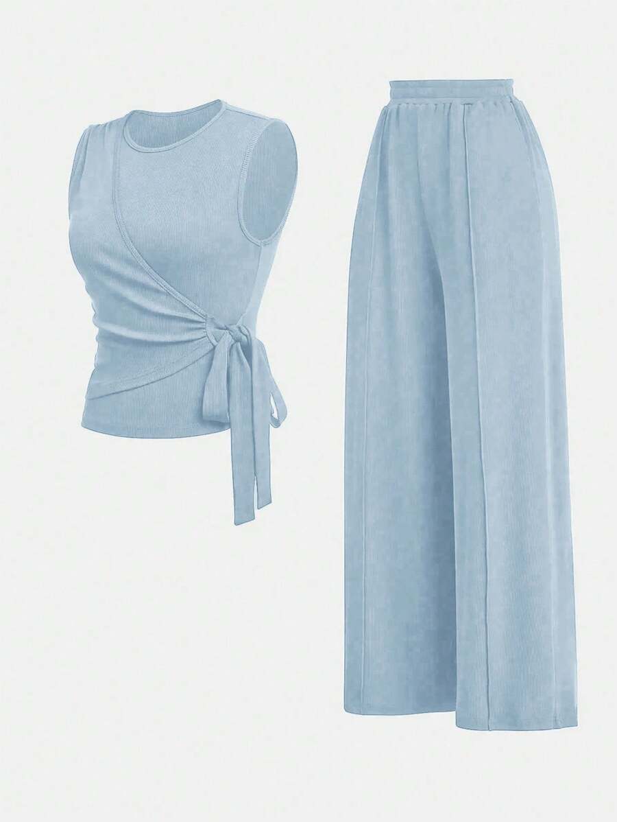 GlowEve Women's Casual Solid Color Tie-Waist Wrap Top And Pants 2 Pieces Set - Baby Blue - View 1