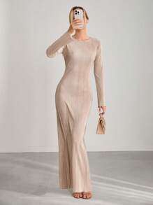 CLARA VERO Elegant Style Pleated Satin Quality Maxi Dress - Beige - View 5