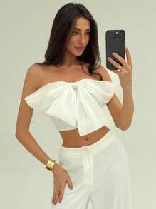 Aloruh White Contrast Fabric Bow Front Bustier Crop Top, Romantic For Wedding And Date