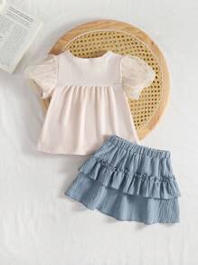 Baby Girls' 2pcs Set: Ribbed Mesh Puff Sleeve Top + Layered Ruffle Hem Skirt, Summer - Apricot - View 2