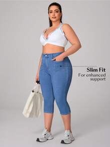 Flexra Plus Size Women Blue Elastic Denim Knit Capri Pants, Sexy Casual Cowgirl For Summer Outdoor Sports Summers For Women Festivals Elegant Vacations Woman - Blue - View 3