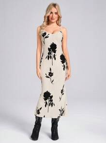 SHEIN LUNE V 领褶皱面料鱼尾腰吊带连衣裙刷印花休闲度假优雅街头女士中长连衣裙 - 彩色 - 查看 6