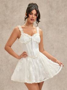 SHEIN BAE 纯白色优雅甜美浪漫 3D 蝴蝶蕾丝细肩带女式吊带背心、薄纱公主裙，适合鸡尾酒会、浪漫约会、分层穿着、派对、正式场合、晚会、婚礼、伴娘、万圣节、圣诞节 - 白色 - 查看 7