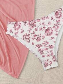 Swim Mod Plus Size Women 3pcs Random Print Cami, Triangle Bra, Tie Front Tankini Top & Mini Skirt, Fashion Casual Beach Swimwear Set For Summer Beach Vacation - Pink - View 5