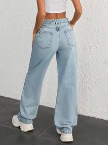 EURMUSE WOMEN HIGH WAIST STRAIGHT SNOW WASH CASUAL BLUE DENIM - Light Wash - View 2