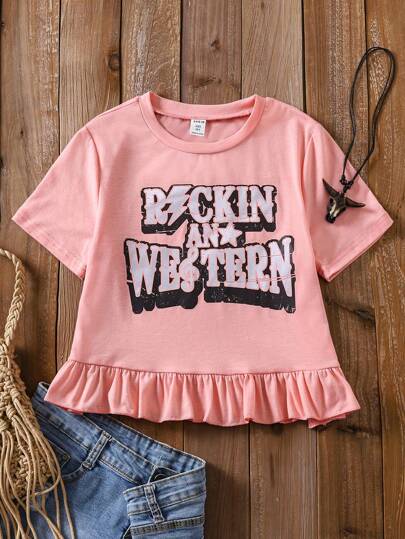 SHEIN Tween Girls Music Festival English Graphic Ruffle Hem Decorated T-Shirt, Fashion & Playful Design For Outdoor Activities And Daily Theme Parties, Spring & Summer