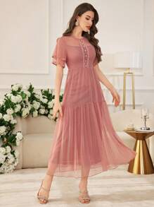 Modelyn Vestido acampanado elegante de mujer con parches de malla a lunares, volantes y botones de perla, para primavera/verano - Rosa - Ver 8