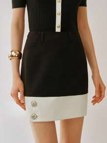 Elenzga Women's Woven Black & White Contrast Metal Button Elegant Office Skirt - Black and White - View 5