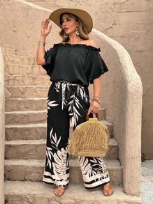 SHEIN LUNE 2pcs/Set Plus Size Fashionable Casual Off Shoulder Ruffle Sleeve Top And Self Tie Pants - Black - View 5