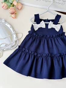 SHEIN Baby Girl Cute & Elegant Color Contrast Bow Frill Trim Camisole Dress - Navy Blue - View 3