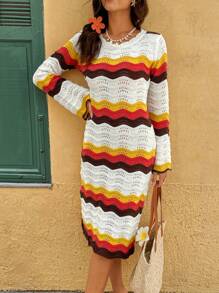 Breezaya French Style Colorblock Wave Design Striped Hollow-Out Knitted Sweater Dress - Multicolor - View 7