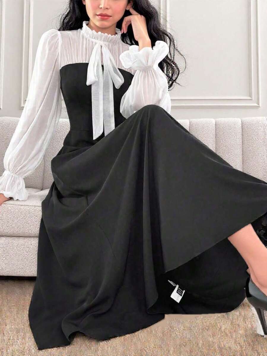 SHEIN Teen Girl Elegant Elegant Front Tie Bow Plaid Ruched Dress - Black and White - View 1