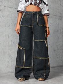 SHEIN Tall Women's Denim Chaps Style Wide Leg Patchwork Jeans With Frayed Edges - Dark Wash - View 3