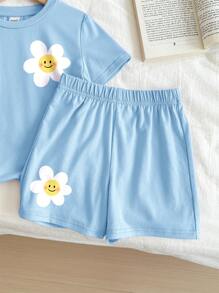 SHEIN Leap Crew 2 件年轻女孩休闲简约短袖上衣和短裤套装，适合夏季 - 藍色 - 查看 4
