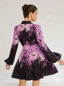 Aveloria Modichic Đầm ngắn cổ đứng in hoa màu hồng thanh lịch màu đen tay đèn lồng cạp chun trang phục đi nghỉ cho nữ - Nhiều màu - Xem 2