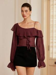 Aveloria Rosie Blusa romántica de estilo italiano para mujer con volantes en un hombro, de gasa transparente y manga larga acortada