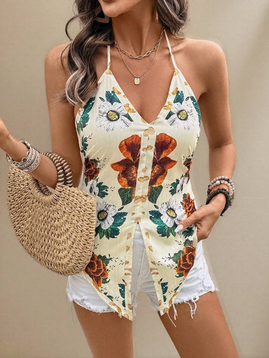 Breezaya Women's Floral Print Vacation Style V-Neck Halter Backless Tied Hem Split Back Tank Top - Yellow - View 1