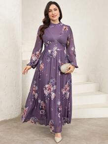 Veilorie Plus Size Women's Elegant Floral Print Long Arabian Style Dress - Dusty Purple - View 7