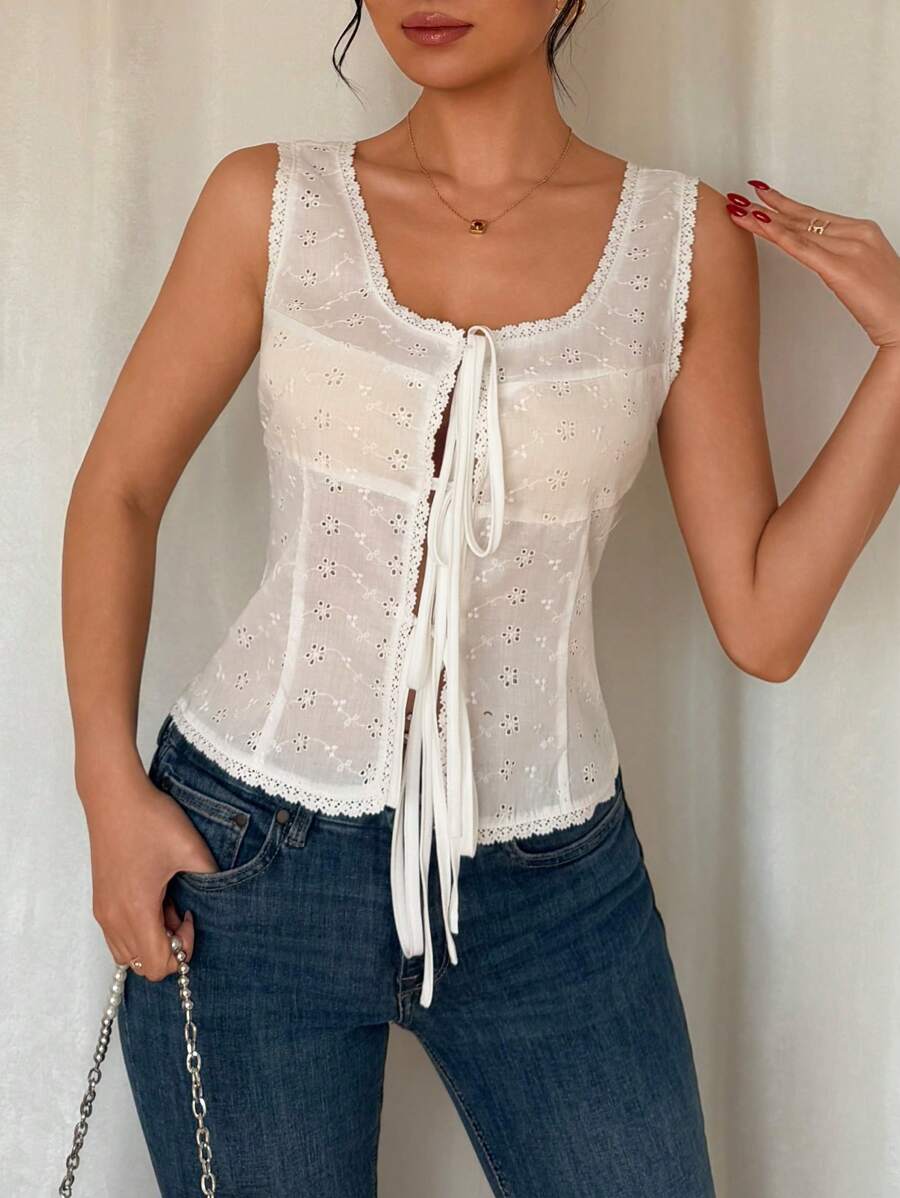 SHEIN Unity Fashionable Sexy Romantic Hollow Bowknot Camisole' - White - View 1