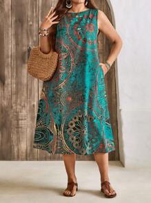SHEIN LUNE Plus Size Women Floral Print Round Neck Sleeveless Pockets Casual Dress For Holiday St. Patrick's Day Boho/Bohemian,Resort Dresses, Outdoor Essential For Daily Wear Sundress Vacation Outfits Woman Summer Outfits For Women Rave Outfits Festival St Patrick's Day