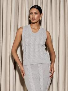 AiiRZ Luxury Cable Knit Sweater Vest And Maxi Skirt Set Elegant Winter Holiday Party Two-Piece Outfit Cozy Sophisticated Evening Wear - Grey - View 4