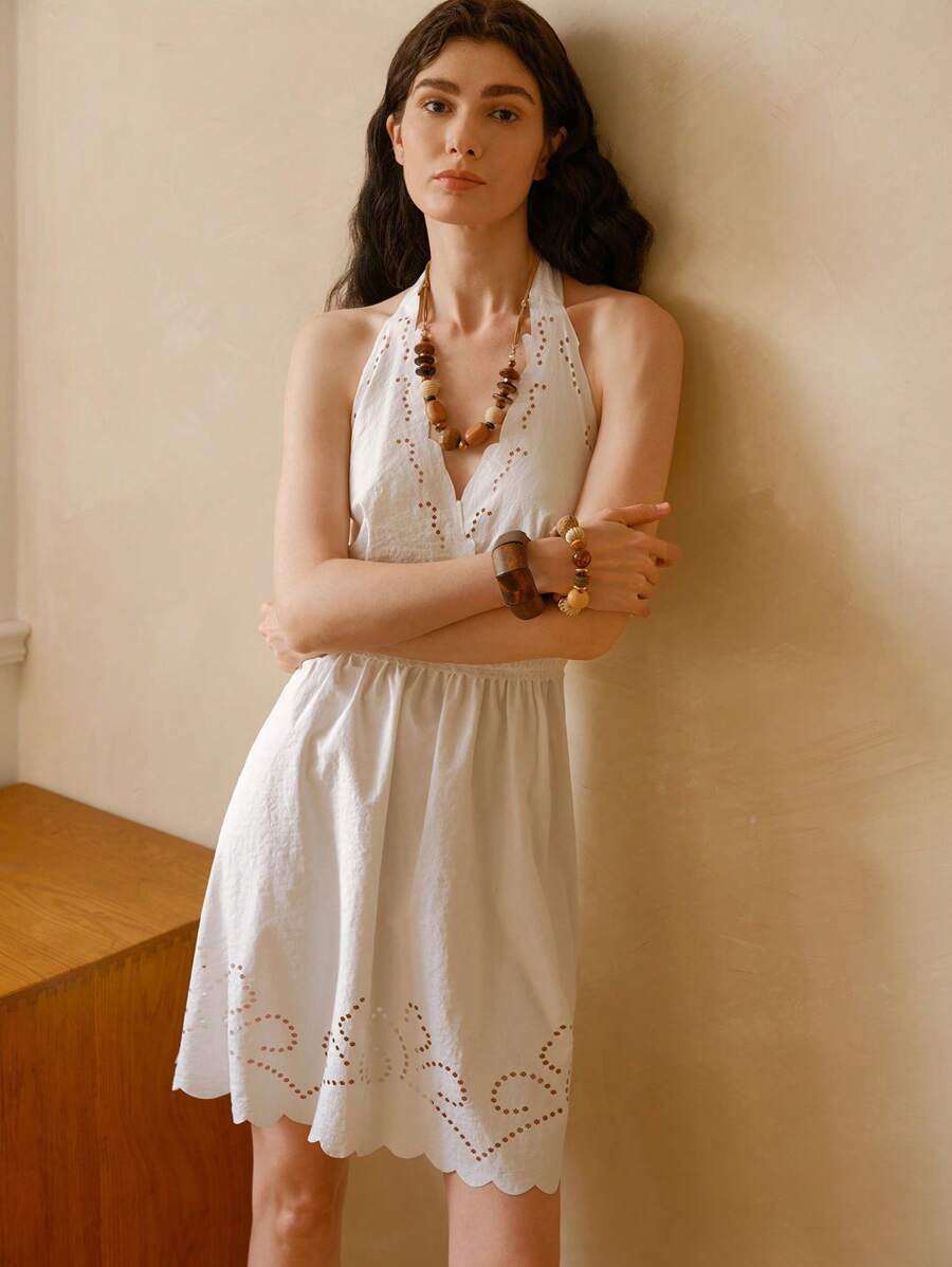 SHEIN LUNE Women's V-Neck Cinched Waist Burnout Textured Slip Dress - White - View 1