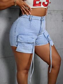 SHEIN Slayr Plus Size Women Cargo Pockets Casual Denim Shorts - Blue - View 4