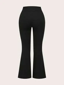 SHEIN EZwear 两件套加大码黑色和灰色腰部交叉设计修身休闲喇叭裤套装 - 彩色 - 查看 7