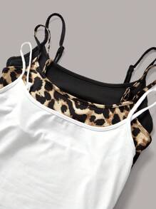 SHEIN EZwear 3 件套女士豹纹、樱桃和蝴蝶结装饰短款吊带背心，合身性感，适合夏季 - 彩色 - 查看 3