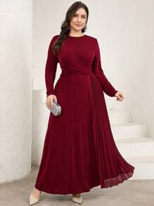 Modelyn Plus Size Women's Solid Color Round Neck Long Sleeve Pleated Simple Casual Arabian Dress,Modest - Burgundy - View 4
