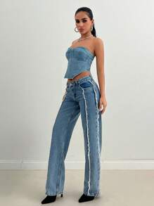 EURMUSE WOMEN STRAIGHT LOW WAIST JEANS - Medium Wash - View 4