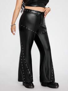 SHEIN ICON Pantalones acampanados de piel de poliuretano negra talla grande con estilo Y2k, pantalones acampanados con decoración de ojo de cerradura en la cintura plisada, estilo punk