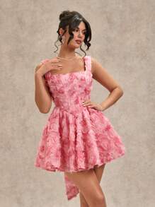 SHEIN BAE Spring & Summer Solid Pink 3D Rose Flower Square Neck Spaghetti Strap Backless Bowknot Puff Mini Dress, Princess Dress, Valentine's Day Dress, Party Dress, Romantic Date Dress, Bridesmaid Dress, Ball Gown, Casual Commute Dress, Pink Dress, Birthday Dress