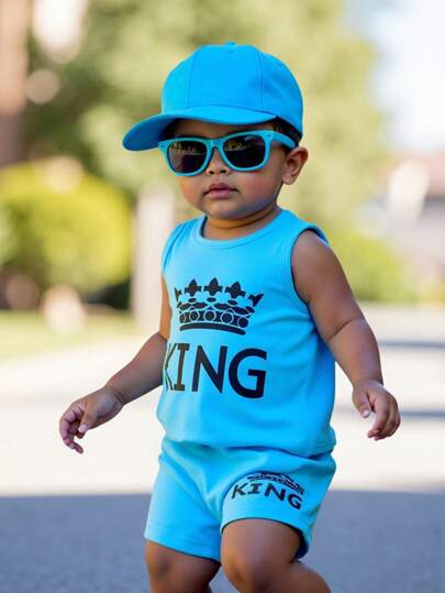 SHEIN Playful Pals 2pcs/Set Baby Boy Blue Summer Outfit: Sleeveless "King & Crown" Print Tank Top And Elastic Waist Print Shorts Clothes, Baby Outfit, 6M-3T