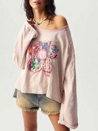 Bohemela 大码纯色针织圆领长袖宽松水洗 T 恤