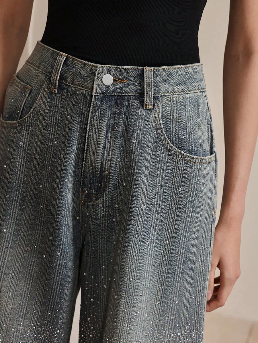 Anewsta Women's Oversized Casual Diamond-Studded Straight Leg Jeans - Blue - View 1