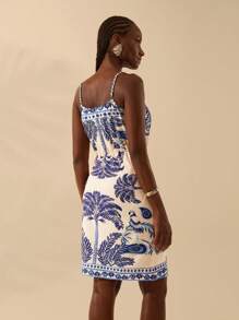 CAJUNI Women's Boho Tropical Blue Coconut Tree, Bird Print, Vacation Casual Summer Beach Suspender Wrap Dress - Multicolor - View 2
