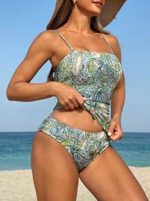 Women's Paisley Retro Print Vacation Cami Top & Swim Bottom Tankini Set, Summer Beach - Multicolor - View 4
