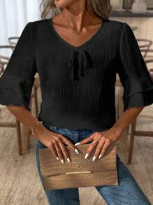 SHEIN LUNE Casual linne V-ringad volangärmad blus för kvinnor - Svart - Visa 5