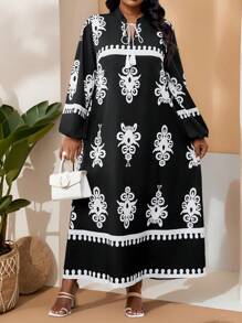 SHEIN Lady Spring And Summer Elegant Commuting Office Casual Boho Casual Outing Colorful Woven Notched Ball Gown Bishop Sleeve Tassel A Line Dress Tunic Dress Long Wrist-Length Sleeve Plus Size Dresses Classy Outfits For Women Beach Vacation Boho Women Clothing Boho Sun Dress Vacation Dress Vacation Outfits Women Vacation Dresses For Women Elegant Spring Dresses For Women Spring Outfits For Women Summer Outfits For Women - Black and White - View 3