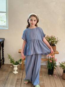 LMoss Kids LMoss Tween Girl Solid Color Woven Pullover Shirt Top And Loose Fit Pants 2 Pieces Set